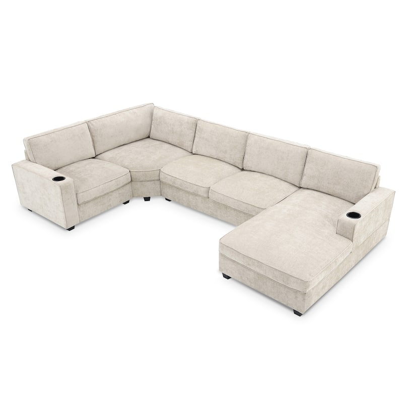 U-Shaped Sectional Sofa Sleeper Bed Chaise Lounge with Cup Holders
