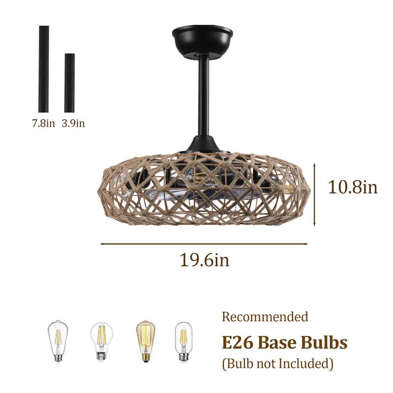 19" Hemp Rope Woven Ceiling Fan with 4 bulbs, Dimmable, 7 Blades, Reversible DC motor