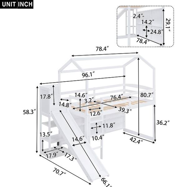 dimension image slide 0 of 2, Twin Wood House Loft bed with Slide, Storage shelves and Light, Natural