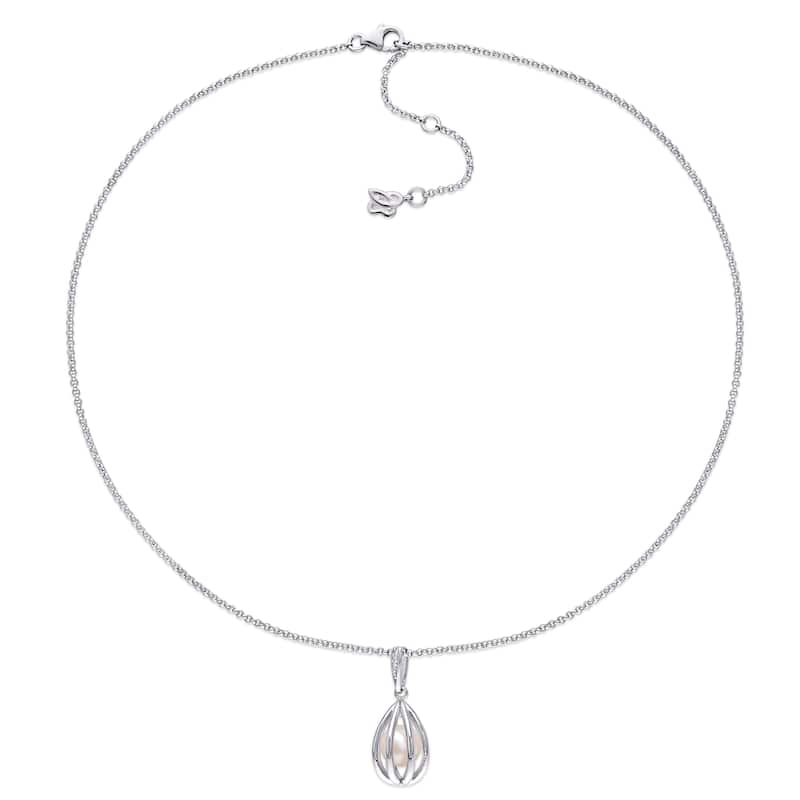 Miadora Cultured Freshwater Pearl and Diamond Accent Cage Drop Necklace in Sterling Silver (8-8.5mm)