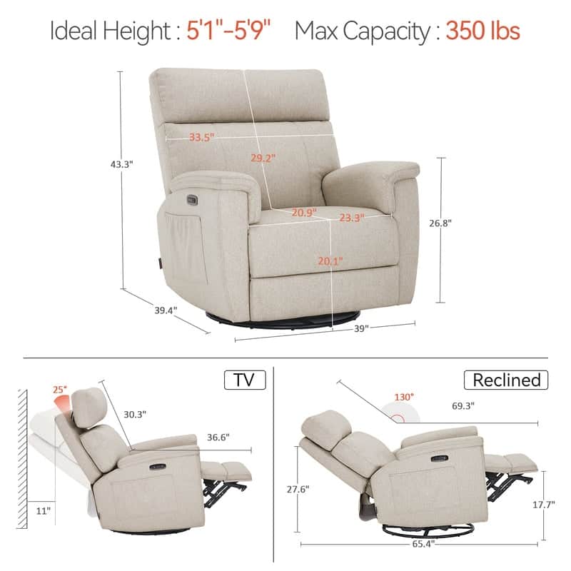MCombo Power Swivel Glider Recliner Nursery Chair, Fabric PR601