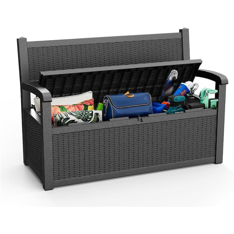 Storage Bench Deck Box, Outdoor Double Seating, Patio Furniture - Black