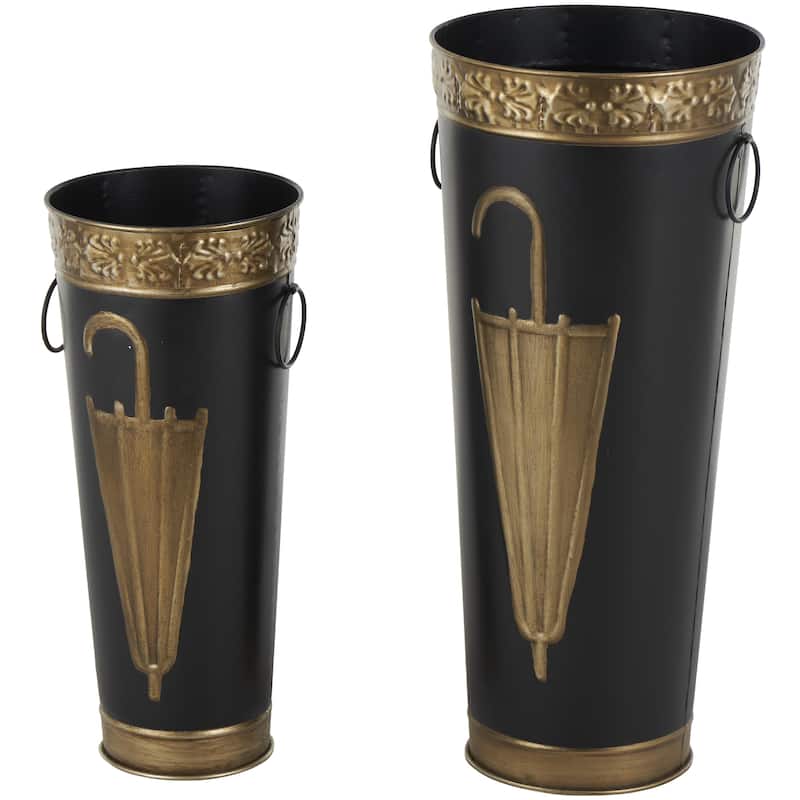 Metal Umbrella Stand with Umbrella Image and Handles - Set of 2 Brown or Black - Roche River Decor - Black