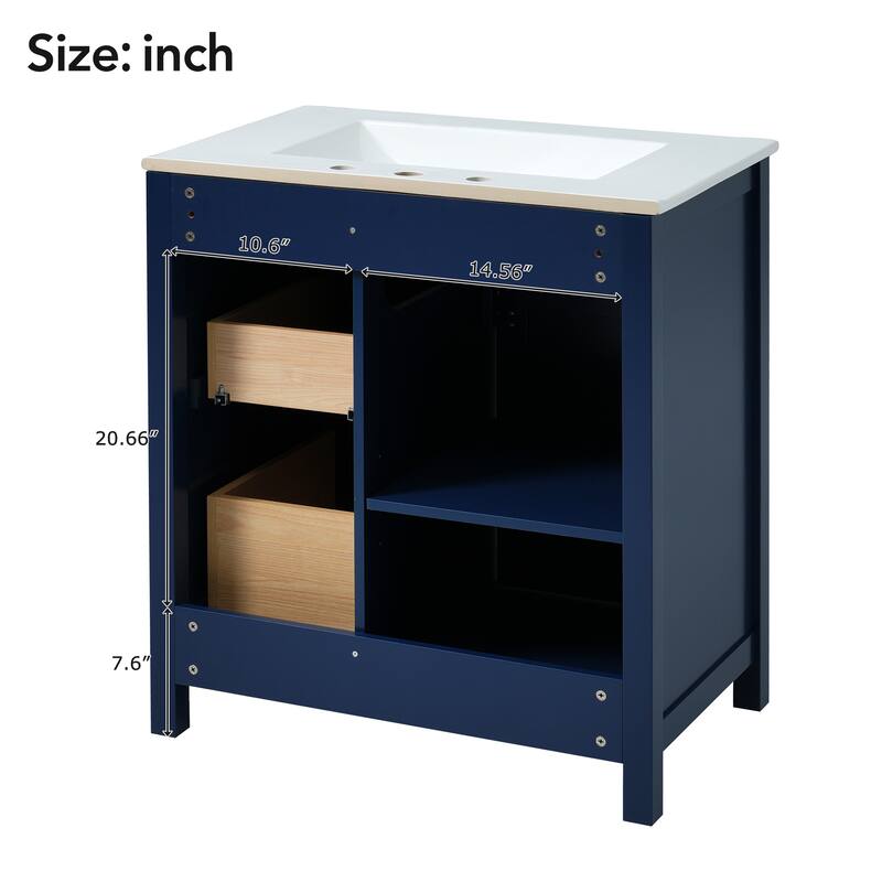 30-Inch Bathroom Vanity with Ceramic Sink Top, Freestanding Bathroom Vanity Cabinet with 1 Soft Close Door, 3 Drawers and Shelf