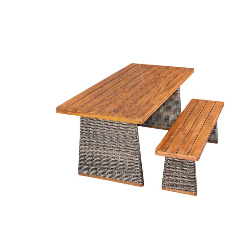 Outdoor Acacia Wood Dining Table Set with 1 Table and 1 Bench