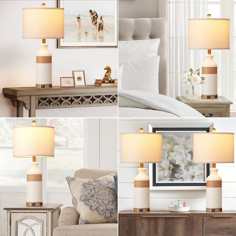 Table Lamp White Resin Touch Dimming Switch USB and Type C Charging Ports AC Outlet No Strobe (Set of 2)