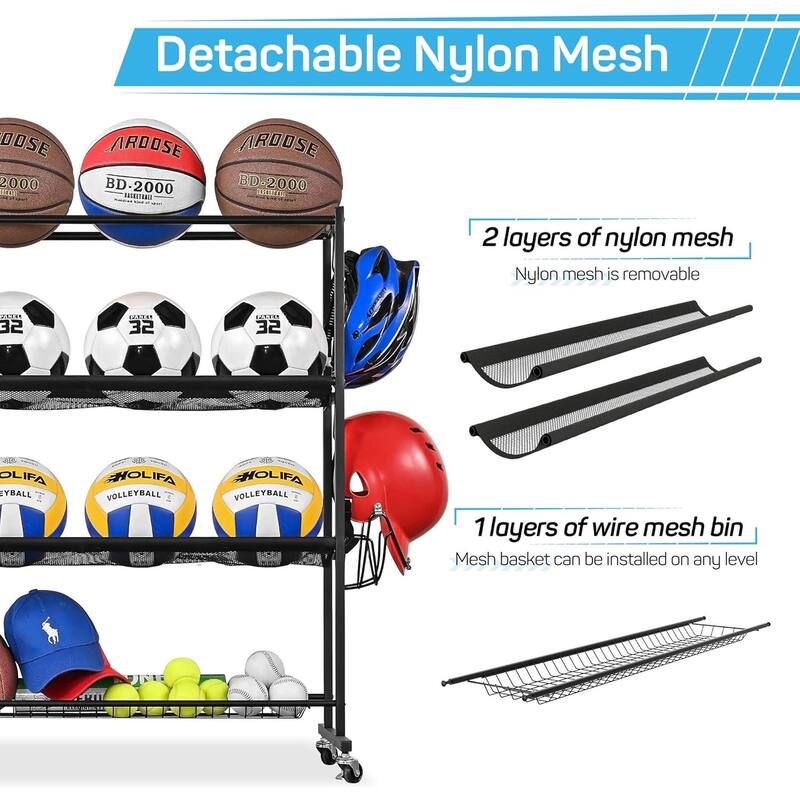 4 Tier Sports Equipment Organizer for Garage with Detachable Nylon Mesh Baskets