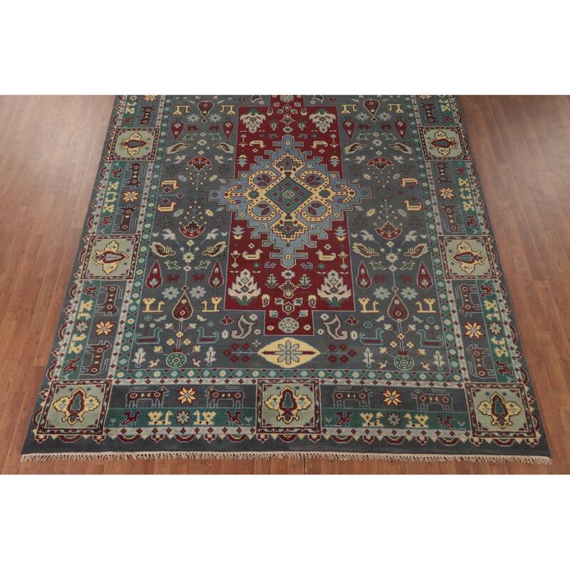 Geometric Grey Kazak Area Rug Handmade Wool Carpet - 8'9"x 11'7"