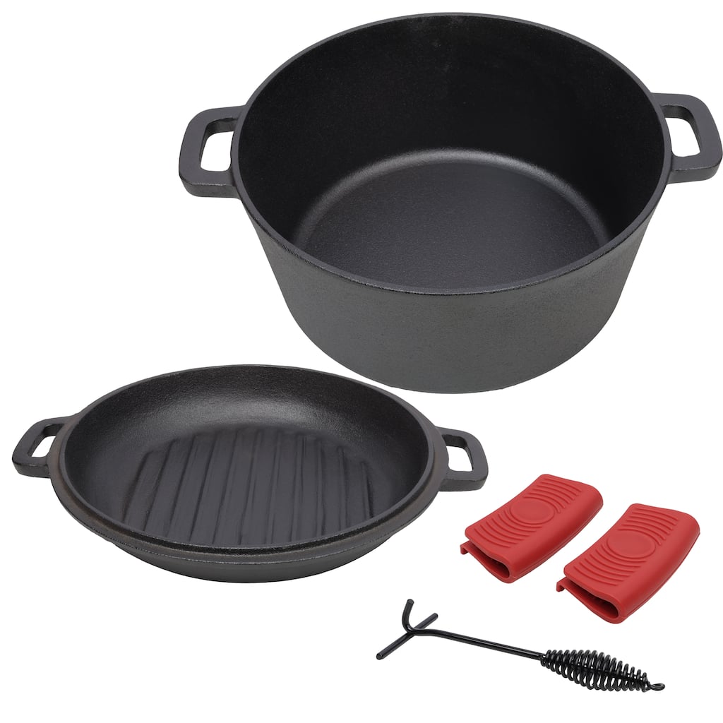3-IN-1 Pre-Seasoned Cast Iron Dutch Oven with 2 Silicone Handle Covers and Lid Lifter, 5QT Outdoor Deep Pot and Skillet Lid