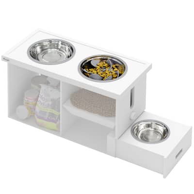 PawHut Elevated Dog Bowls with Slow Feeder Mat & Semi-Auto Dispenser Function, Pet Feeding Station with Storage Cabinet, White