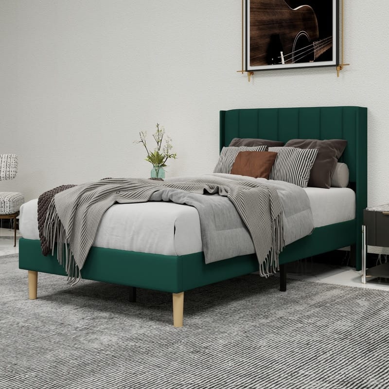 Caxkun Upholstered Platform Bed Frame with Wingback headboard - Green - Twin