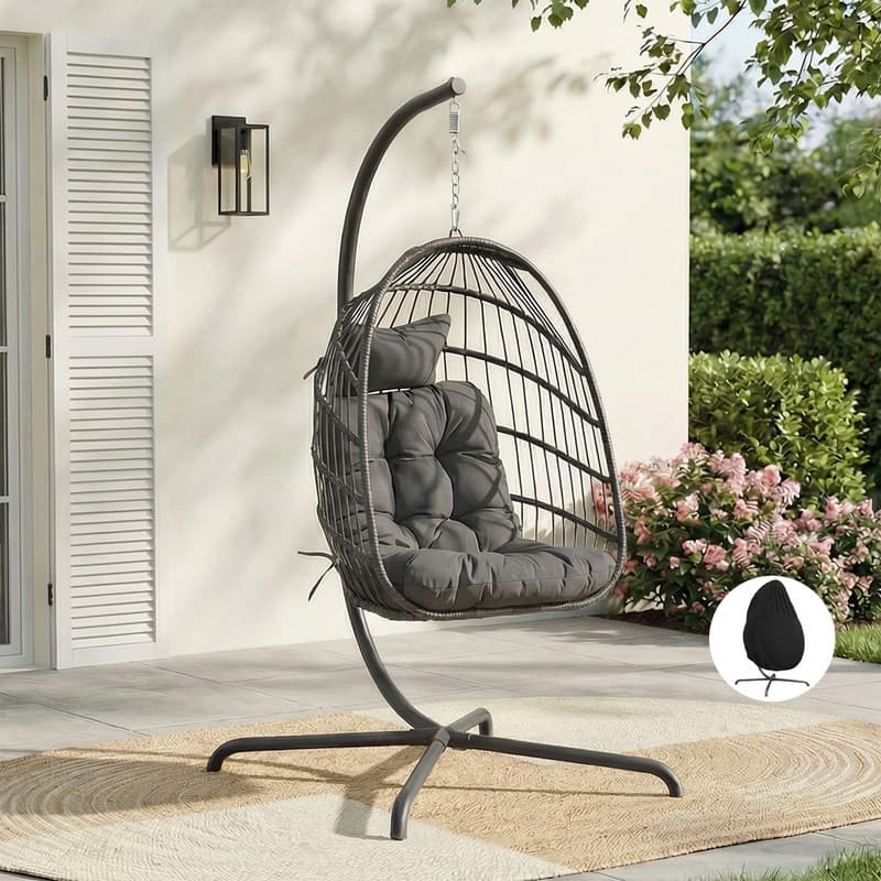 Oversized Wicker Hanging Egg Chair with Stand, Outdoor Indoor Swing Chair with Cushion, 350 lb Capacity - Dark Grey/Cover