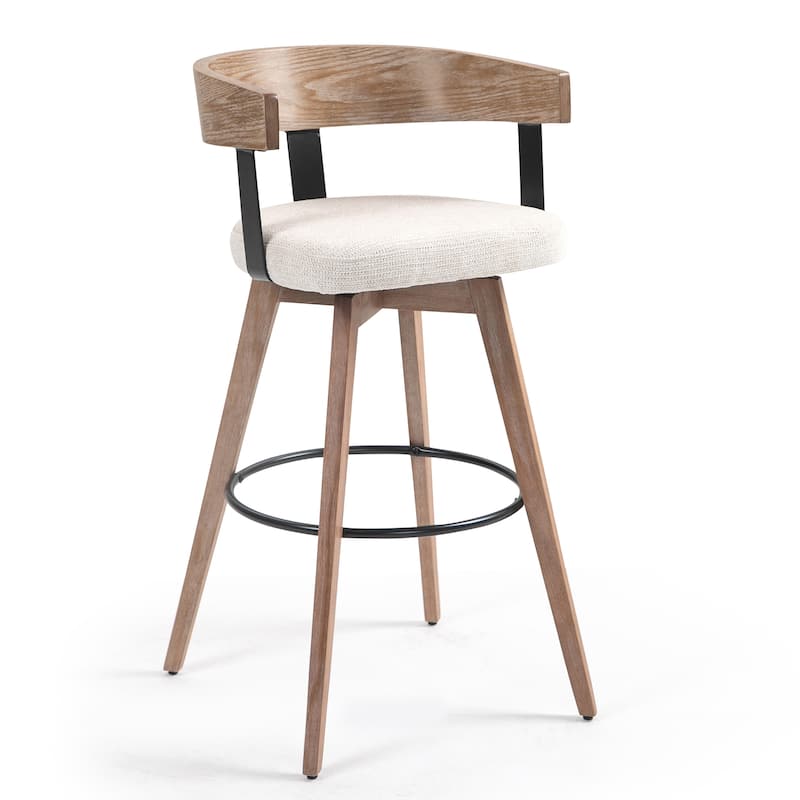 Beck Beige Linen Fabric Bar Stool with Natural Wood Backrest and Legs
