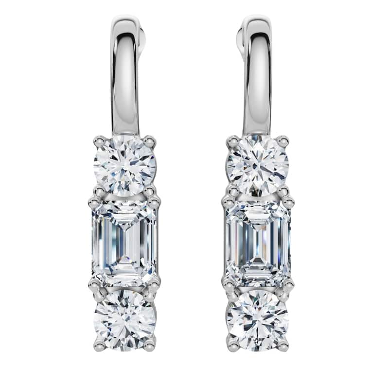 Bliss Diamond 6Ct Emerald & Round Cut Diamond Earrings Gold Lab Grown 1 1/3" Tall - White