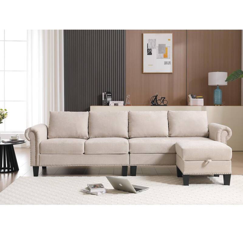 106Inch 4 Seater Convertible Sectional Sofa Couch with Storage Ottoman