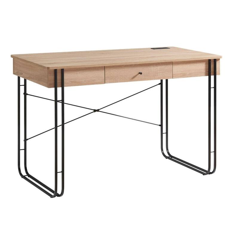 Computer Desk Writing Desk with One Drawer Metal Legs and USB Outlet Port - Light Brown & Black
