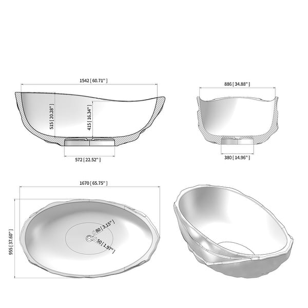 dimension image slide 1 of 2, Resin Freestanding Soaking Bathtub with Center Drain and Pop-Up Drain, CUPC & CE Certified