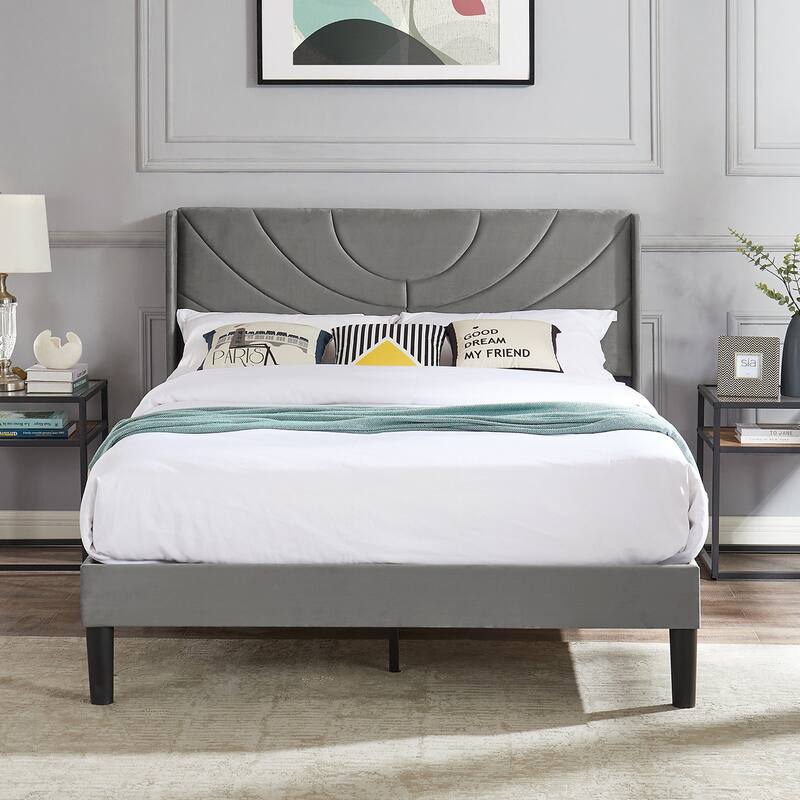 Javlergo Upholstered Platform Bed Frame with Modern Wingback Headboard, Dark Grey