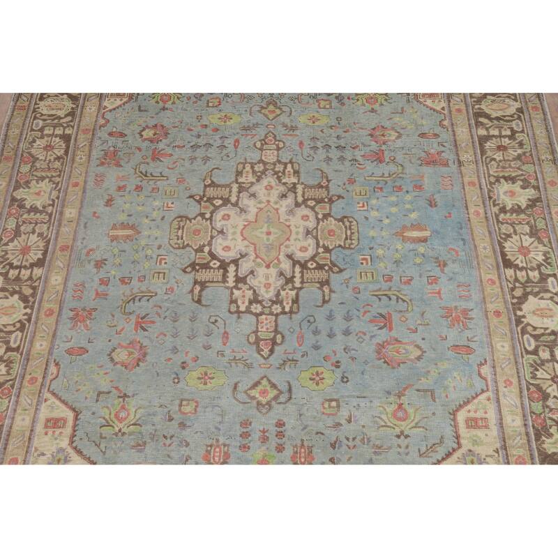 Light Blue Geometric Tabriz Persian Vintage Rug Handmade Wool Carpet - 7'10" x 10'9"