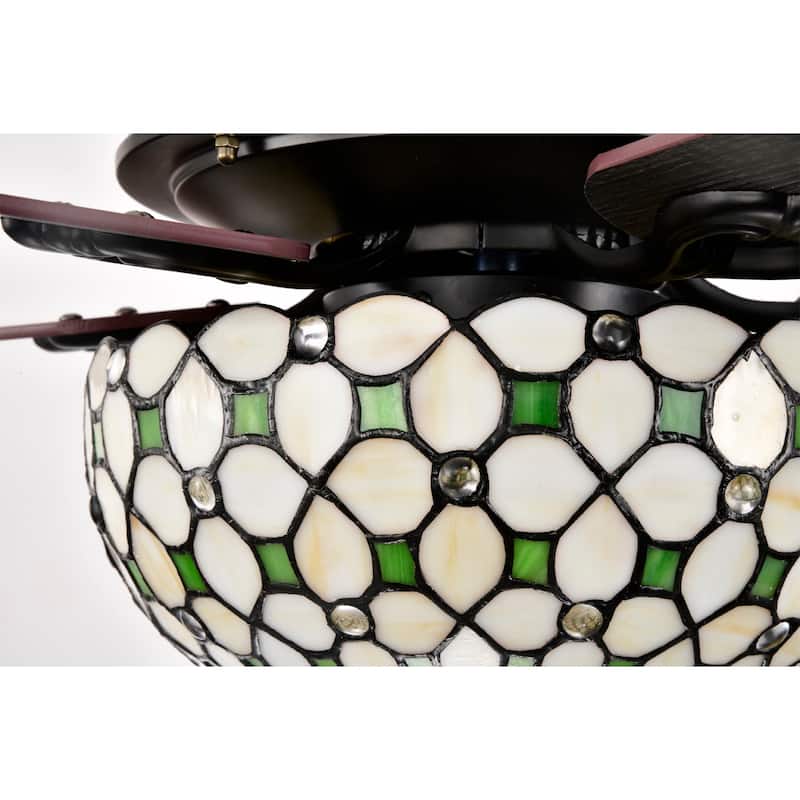 Guarvey 52-Inch Flushmount Two-Tiered Lighted Ceiling Fan Ivory Tiffany Glass Lamp Black Finish