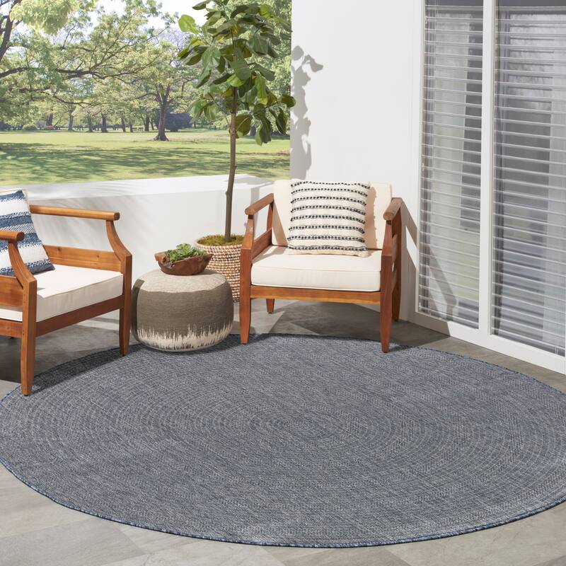 Nourison Tulum Indoor/Outdoor Geometric Area Rug - 8' x Round - Denim