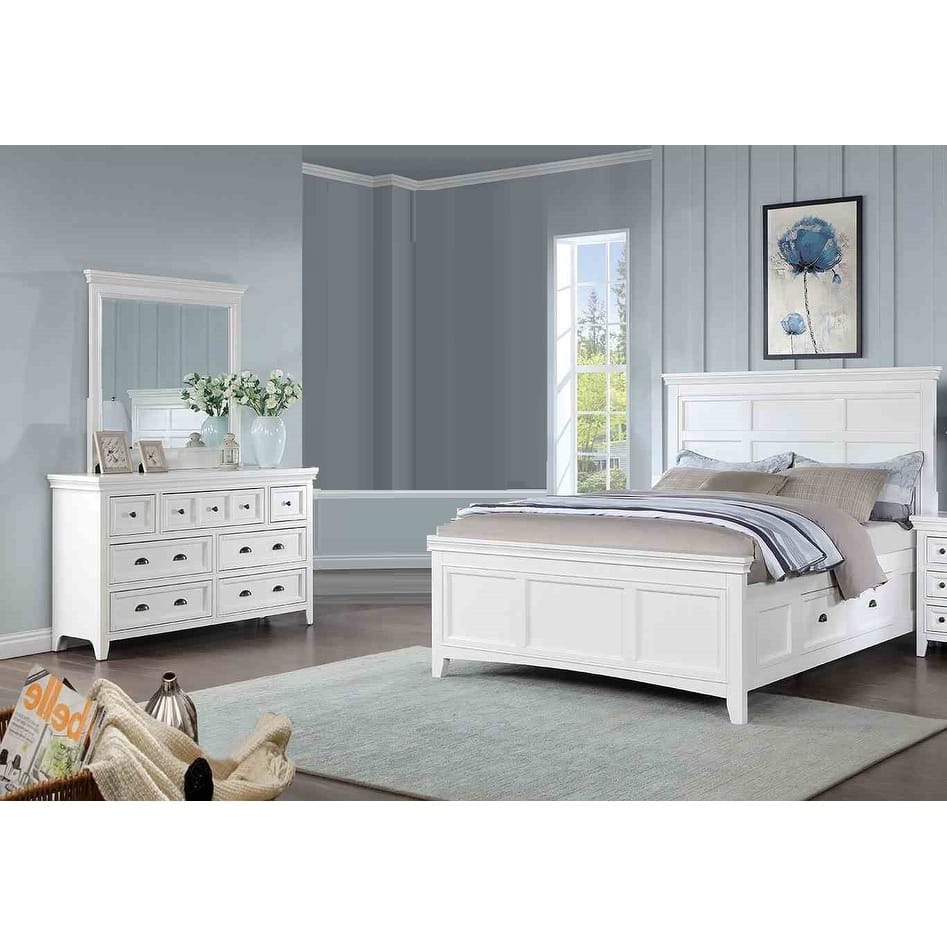 3pc White Finish Modern Drawers Bed Dresser Mirror Bedroom Set