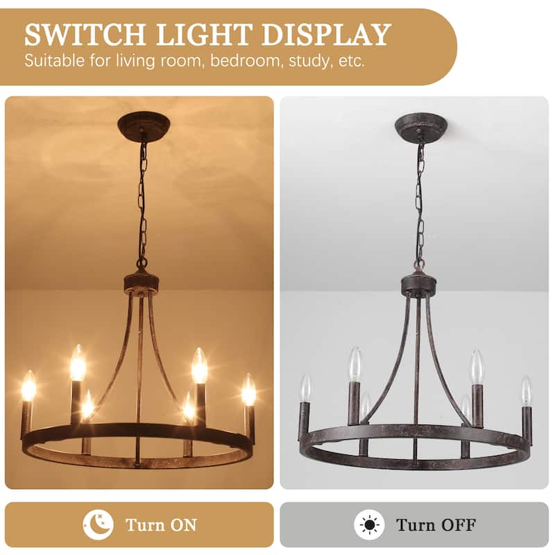6-Light Farmhouse Candle Circle Hanging Wagon Wheel Chandelier Lighting for Kitchen Island
