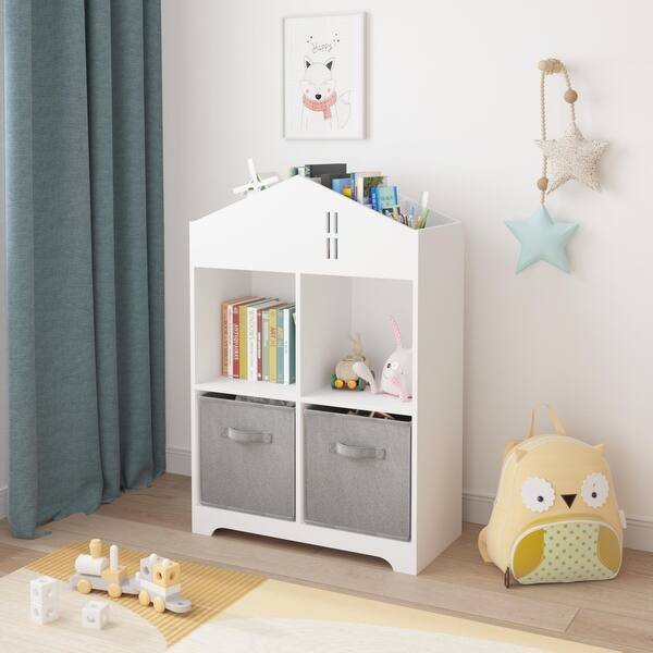 slide 2 of 13, Kids' 2-Tier Storage Bookcase with Shelves White+Grey