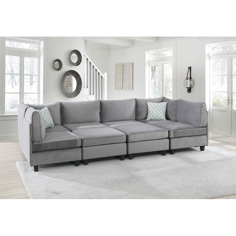 120-Inch Gray Velvet 8-Piece Modular Sectional Sofa With Comfortable Seating Design