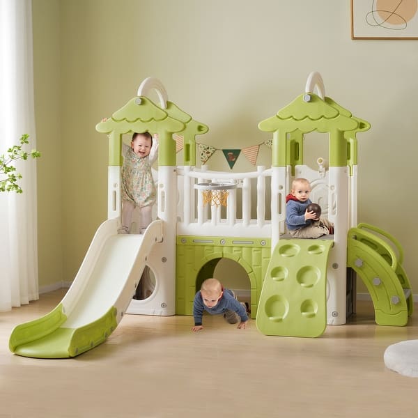 slide 2 of 9, 8 in 1 Toddler Climber and Slide Set, Kids Playground Climber Freestanding Slide Playset with Basketball Hoop, Play Combination Green