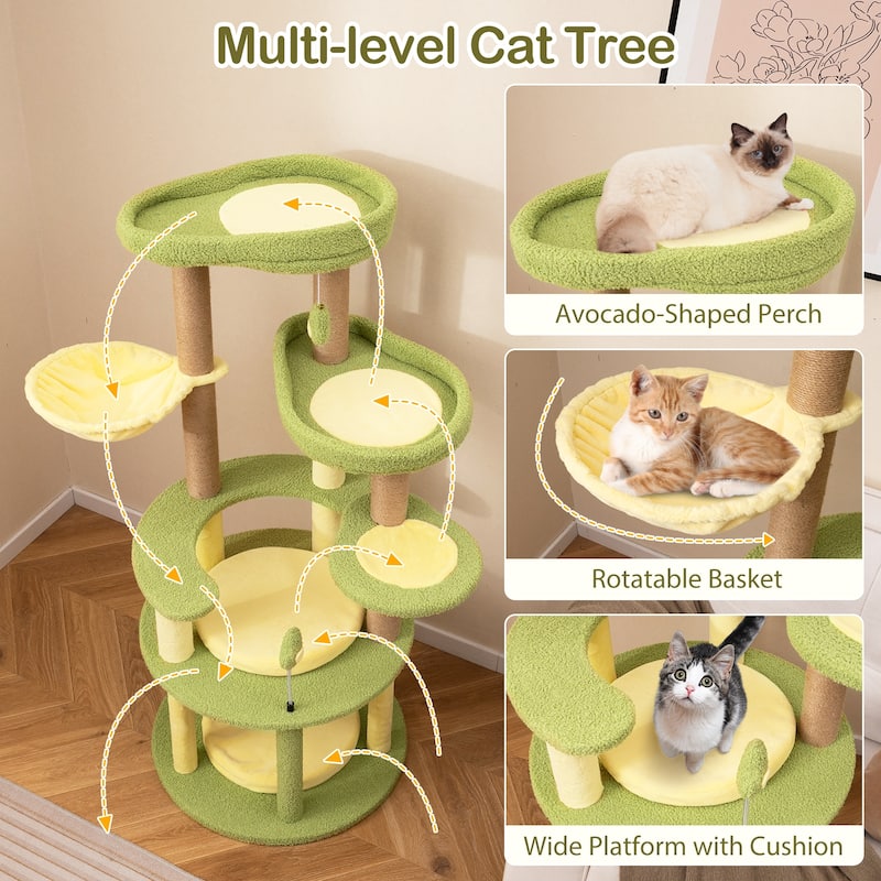 Multi-level Cat Tree Avocado Theme Cat Tower with Wide Perch Rotatable Basket - 23.5" x 23.5" x 51"