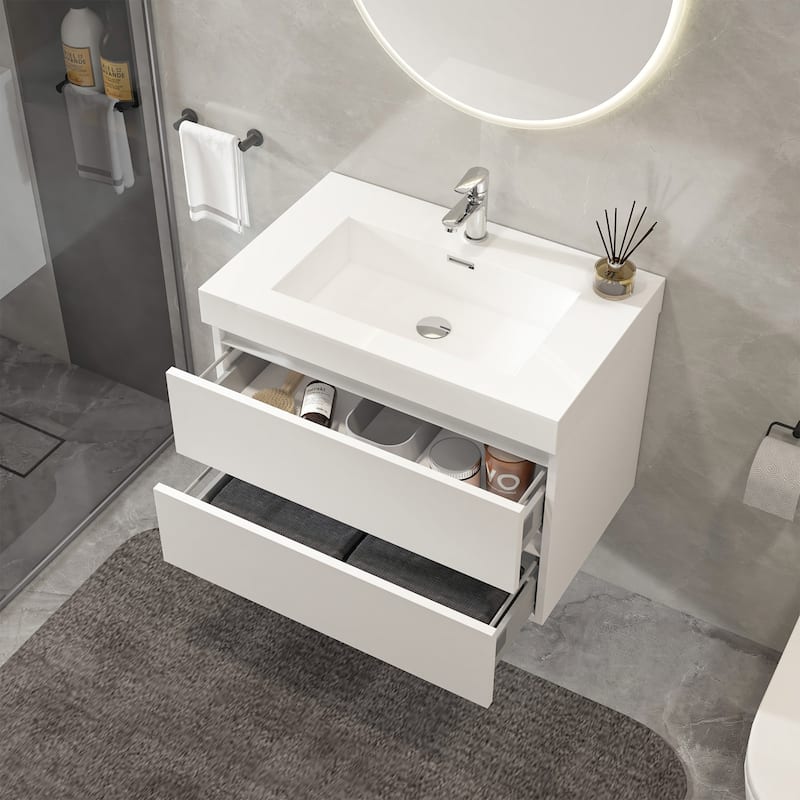 Vanity Art LED Light 24-Inch Single Sink Wall Hung Bathroom Vanity Set White Stone Top Glossy Finish with Sensor Switch