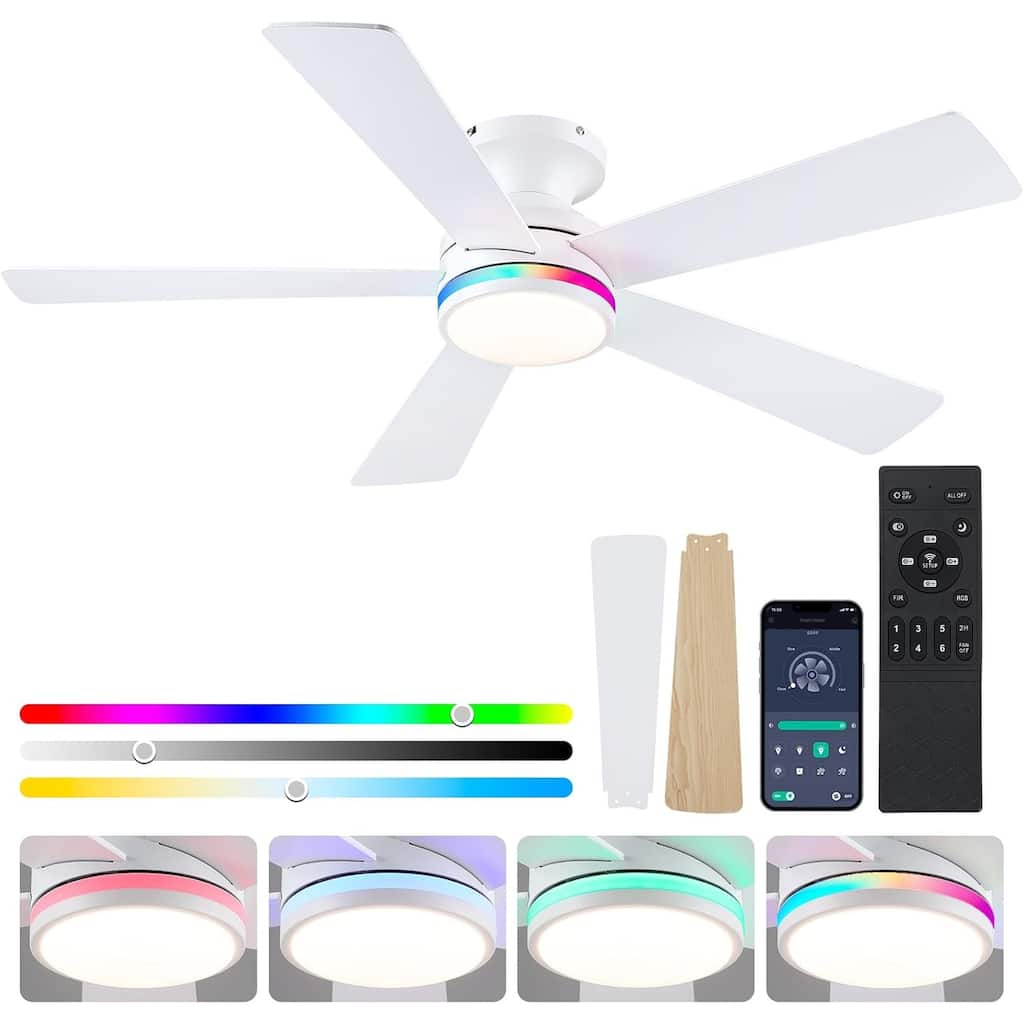 46 Inch Flush Mount Ceiling Fan with Light 5 Reversible Dual Side Blades for Bedroom,Living Room,Patio - 46 Inches