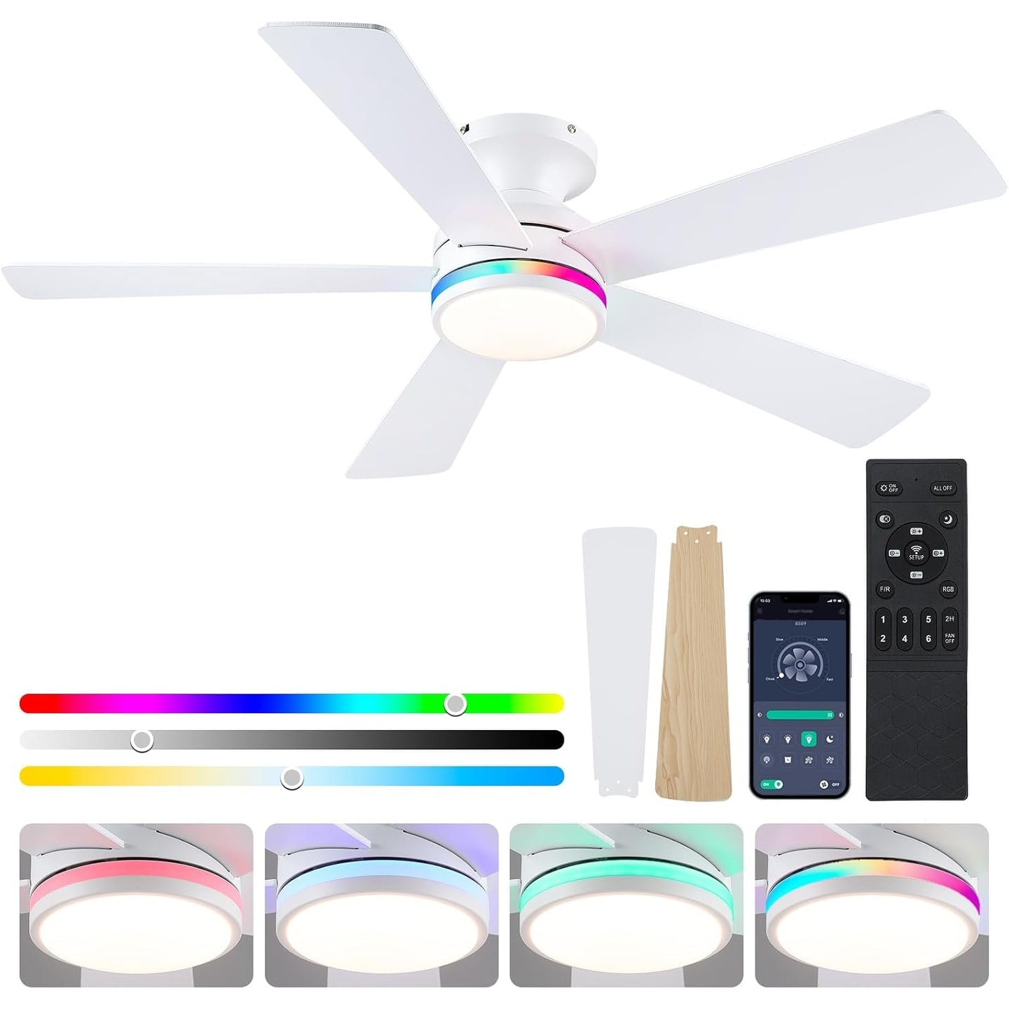 46 Inch Flush Mount Ceiling Fan with Light 5 Reversible Dual Side Blades for Bedroom,Living Room,Patio - 46 Inches