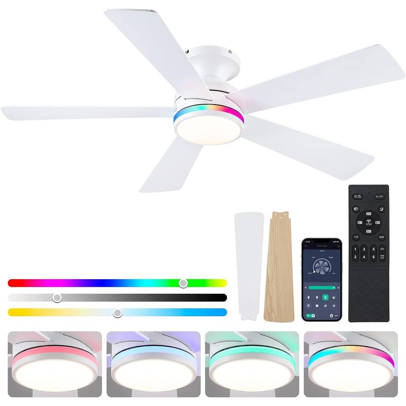 46 Inch Low Profile Ceiling Fan with 6 Blades,Remote and APP Control,for Bedroom,Living Room,Patio - 46 Inches - White-RGB