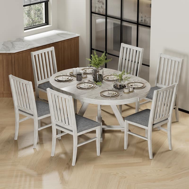 VECELO Extendable Dining Table and Chairs Set for 4-8,Modern Kitchen Round Dining Table Set with Removable Leaves Space Saving - 7-Piece Sets