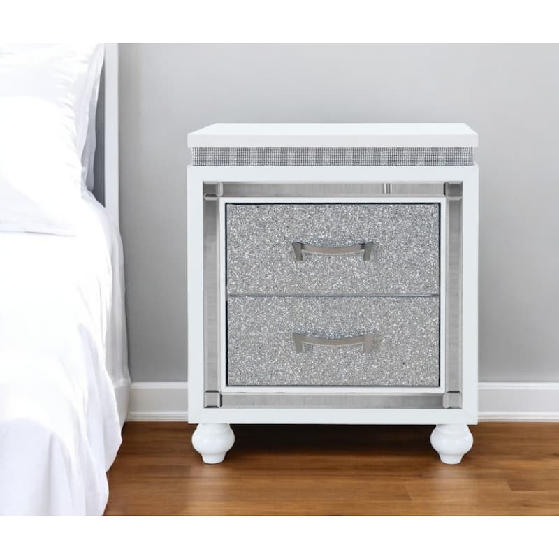 22" Tall Modern White Wood Nightstand with Drawers and Silver Accents, Square Bedside Table for Bedroom