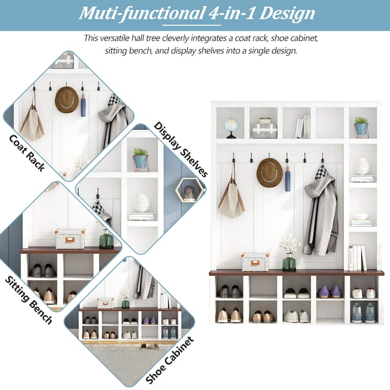 Farmhouse Wooden Style 4-in-1 Hall Tree with Storage Bench and Shoe Cubbies - 59" W × 15.7" D × 76.7" H