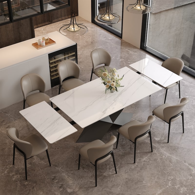 63-95"Extendable Modern Dining Table for 4-10, White Glossy Sintered Stone Tabletop, black X-Shaped Steel Legs - 94.5