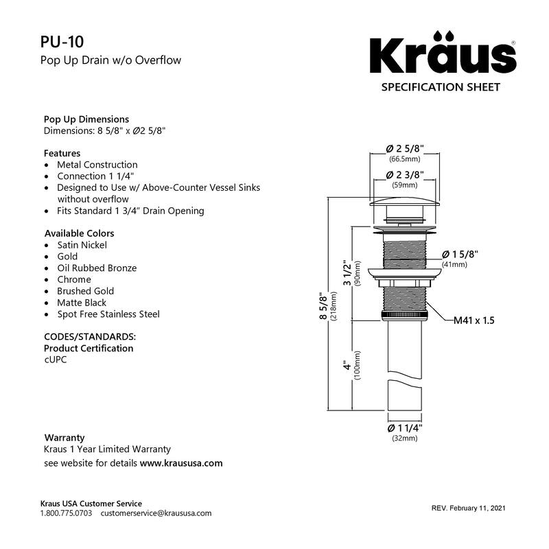 KRAUS Pop-Up Drain for Vessel Bathroom sink