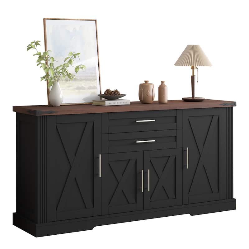 63" Barn Door Storage Cabinet with 2 Drawers & Door Rack, Large Buffet Table Coffee Bar Cabinets with Adjustable Shelves