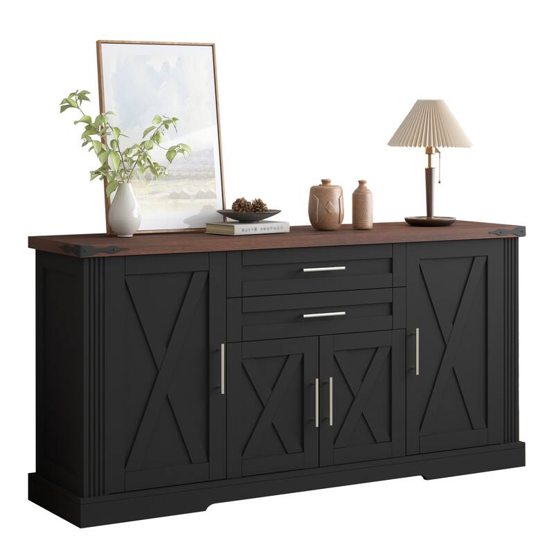63"Barn Door Storage Cabinet with 2 Drawers & Door Rack, Large Buffet Table Coffee Bar Cabinets with Adjustable Shelves