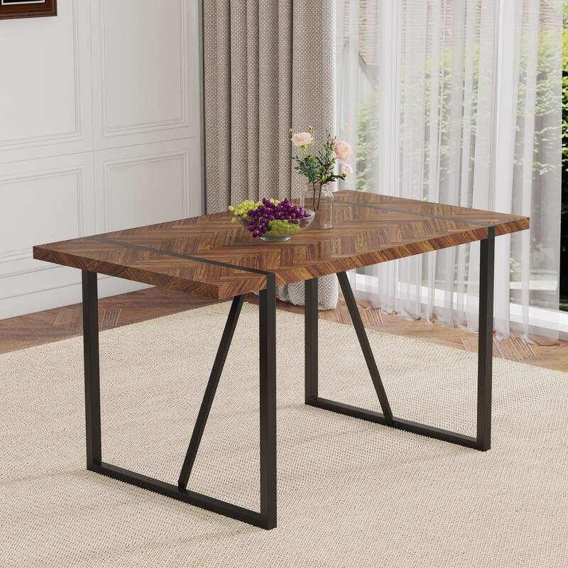 A Minimalist Retro Rectangular Dining Table with a specially Textured Top and Black Metal Legs - Black,Brown