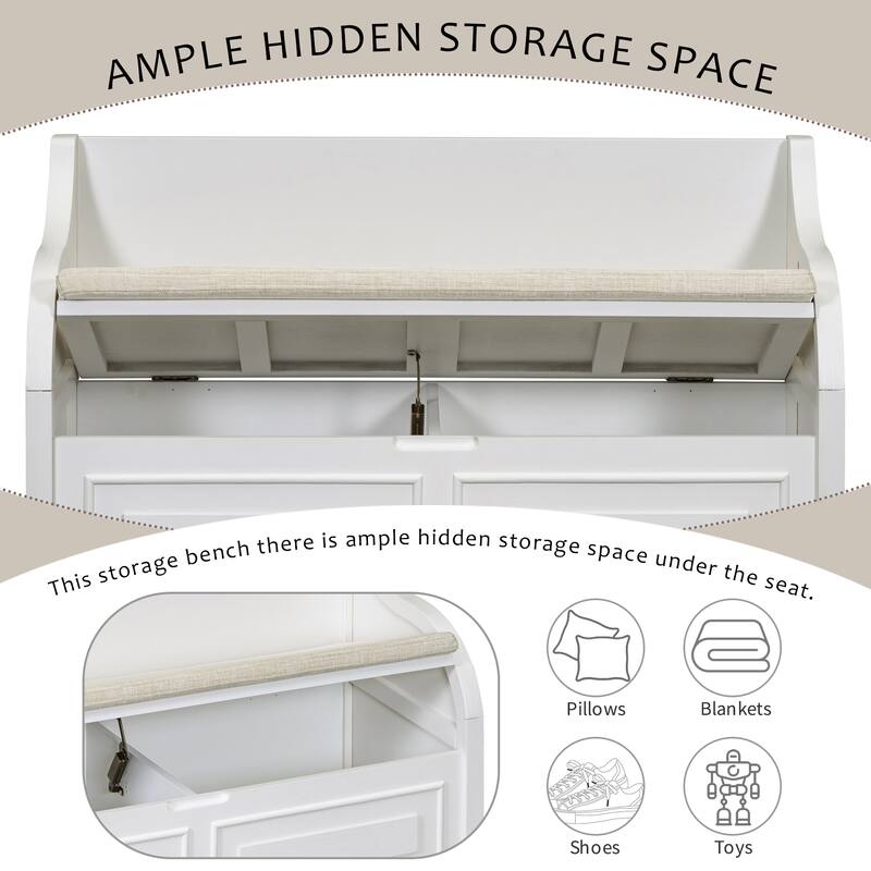 Shoe Storage Bench with Safety Hinge for Entryway, Rustic Style Multifunctional Storage Bench with 2 Cabinets for Living Room