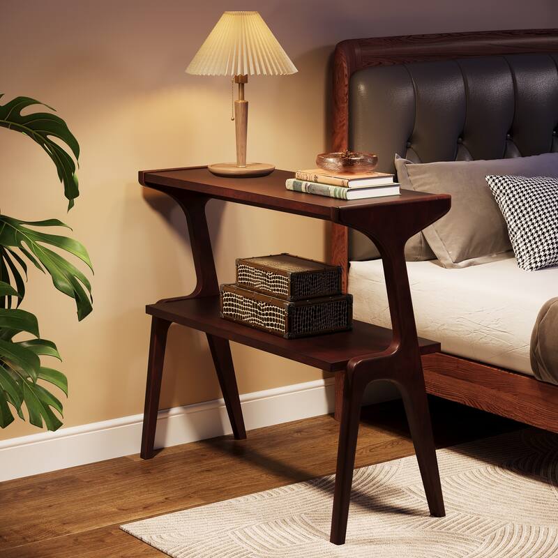 Wood 2-Tier Narrow End Side Chairside Table for Living Room