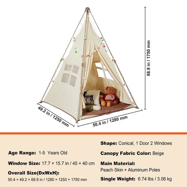 Beige Peach Skin Kids Teepee Tent with Mat, Pop-Up Playhouse for Ages 1 to 5 - 50.4” D x 49.2” W x 68.9” H