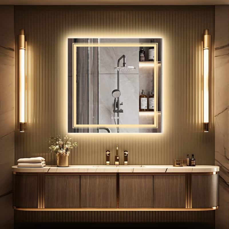 LED Bathroom Mirror with Dual Lights Backlit Mirror Square Anti-Fog - 36"x36"