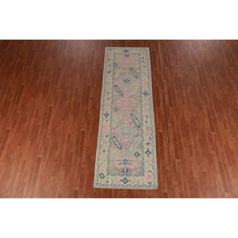 Hand Knotted Oriental 100% Wool Carpet Transitional Geometric Greys & Charcoal Oushak Runner Rug - 10' 0'' X 3' 3''