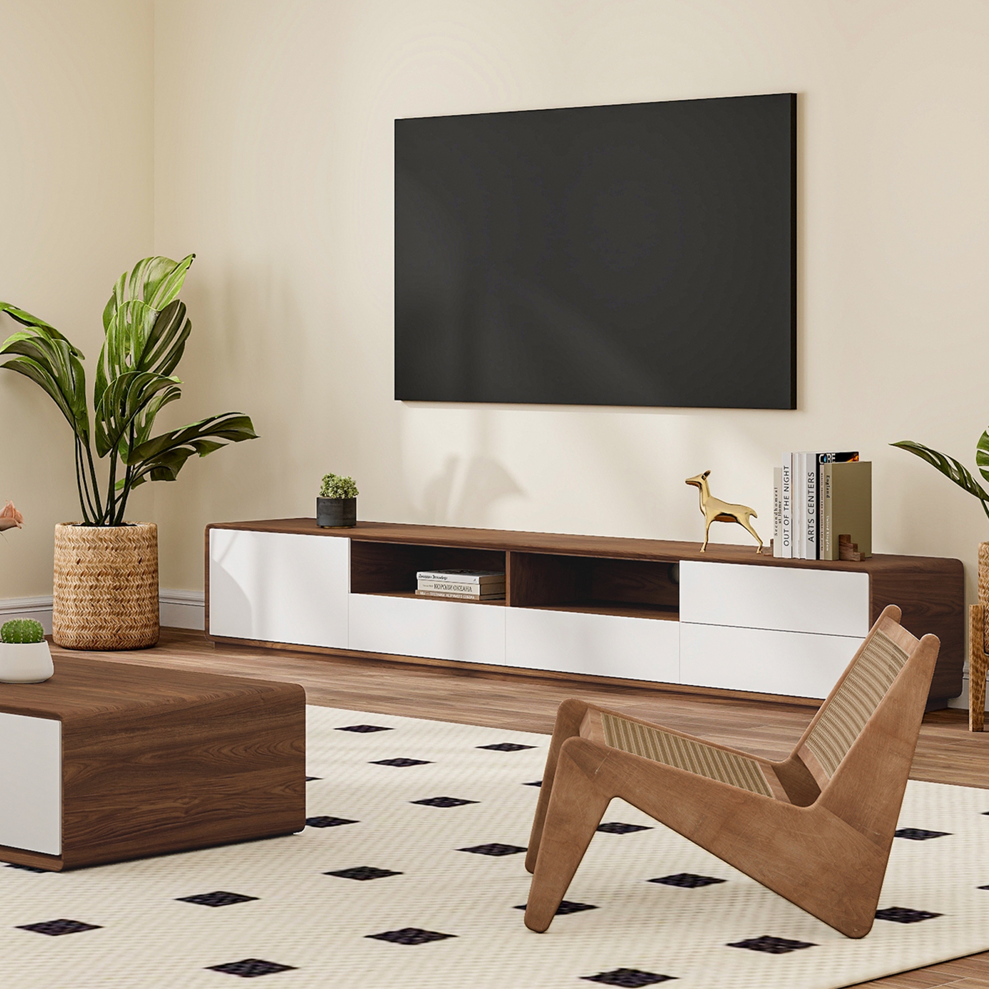 Walnut and top white media console