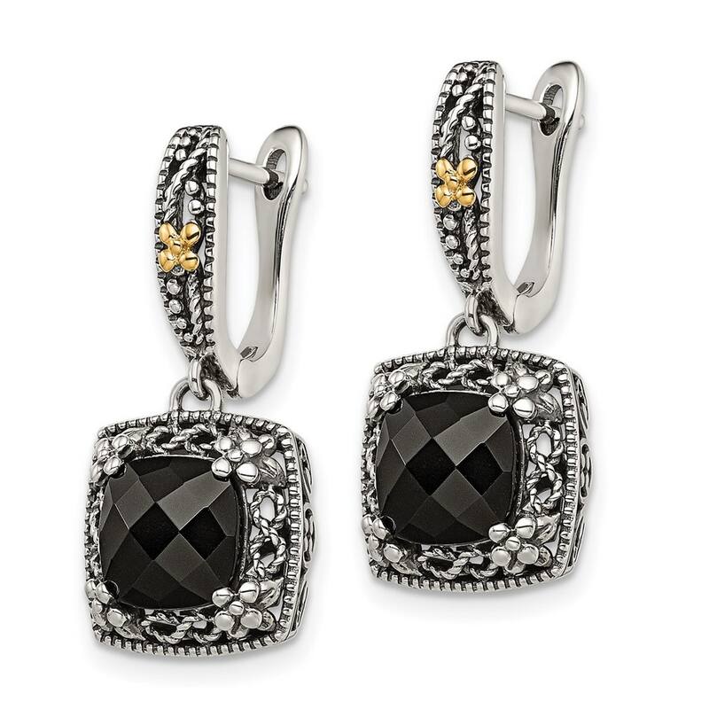 Curata 925 Sterling Silver With 14k Polished Simulated Onyx Earrings - 27.5x12.98mm